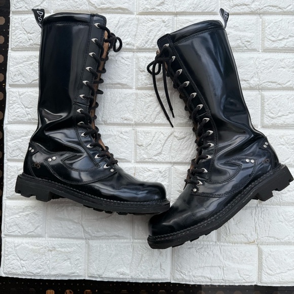 John Fluevog Tall Angels Bill Black Patent 12 Eye  Combat Boots - Picture 1 of 12